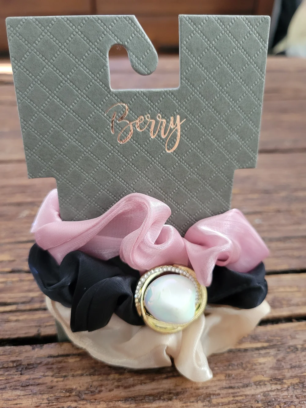 Berry Pink, Black & Cream Pearl Charm Scrunchie Bundle Of 4